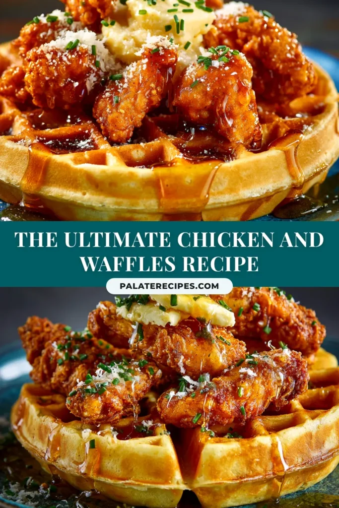 Chicken and Waffles Recipe (The Ultimate Crispy & Fluffy Guide) 4 An overhead shot of the ultimate Chicken and Waffles Recipe, with crispy golden fried chicken stacked on a fluffy Belgian waffle and drizzled with maple syrup.