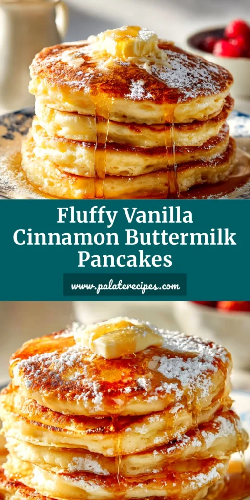 A tall stack of fluffy vanilla cinnamon buttermilk pancakes drizzled with maple syrup and topped with a pat of melting butter, ready for a delicious breakfast.