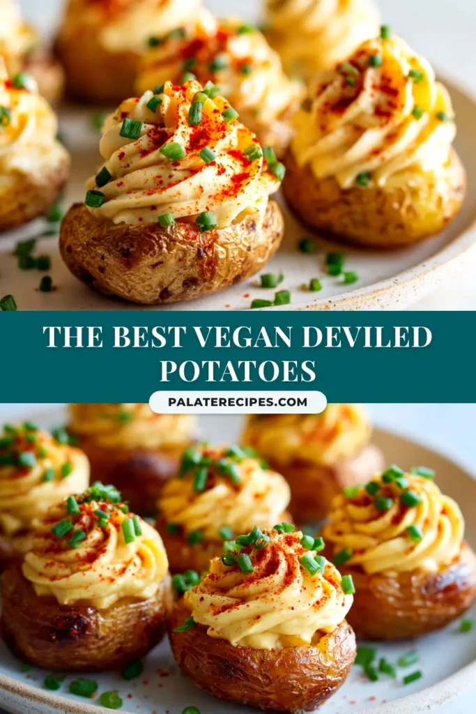 Vegan Deviled Potatoes (The Best Eggless Recipe!) 5 A platter of Vegan Deviled Potatoes, piped with a creamy yellow filling and garnished with paprika and chives. The perfect eggless appetizer.