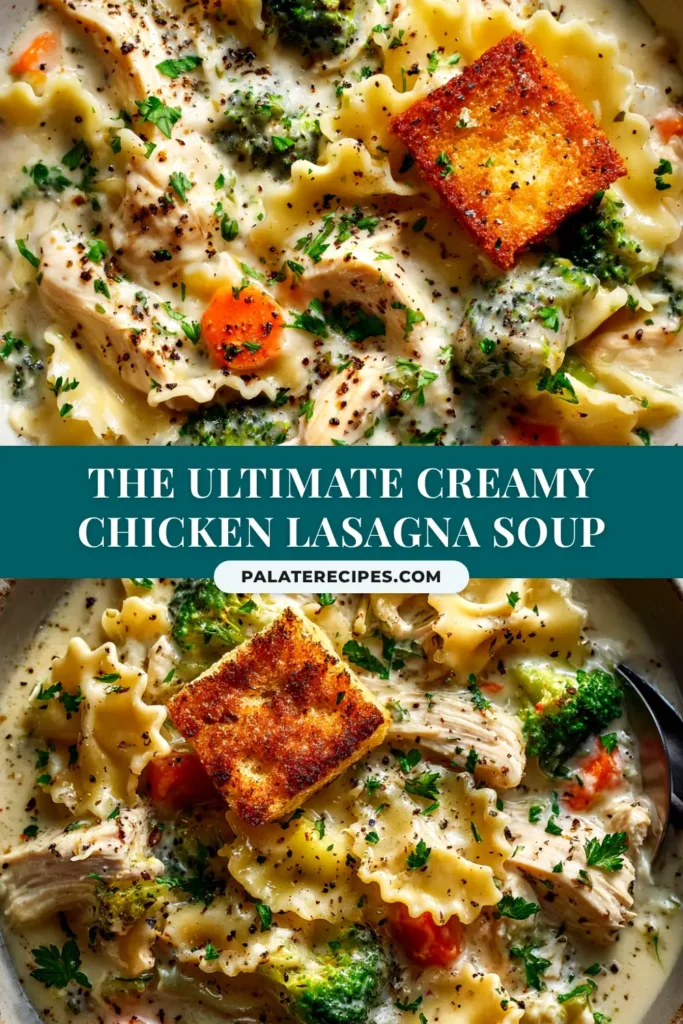 A delicious bowl of creamy White Chicken Lasagna Soup, topped with ricotta, mozzarella, and fresh parsley. A spoon is lifting some of the cheesy, noodle-filled soup.