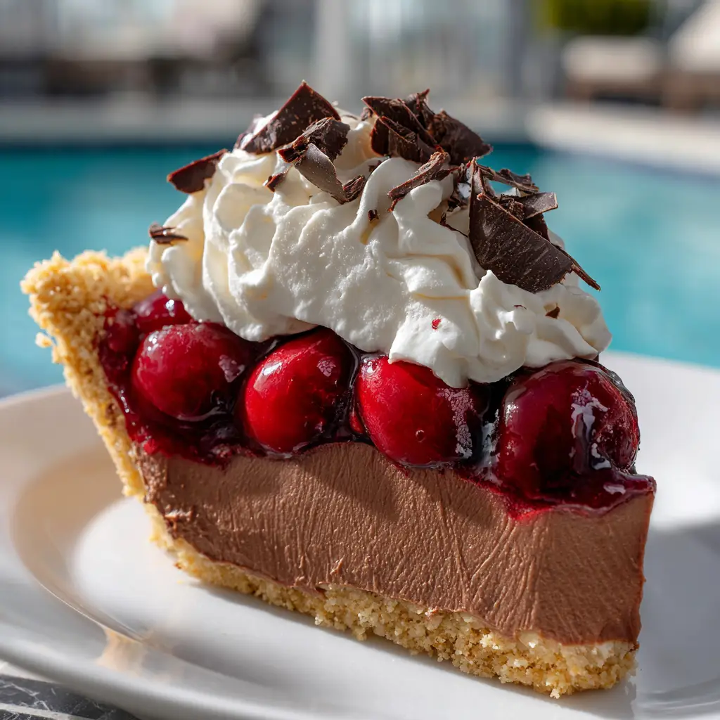 A beautiful shot of the entire no-bake chocolate cherry pie before being sliced, topped with a glossy cherry pie filling.
