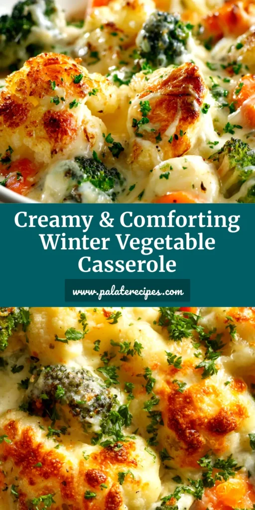 A top-down view of a golden-baked Winter Vegetable Casserole in a rustic baking dish, ready to be served.