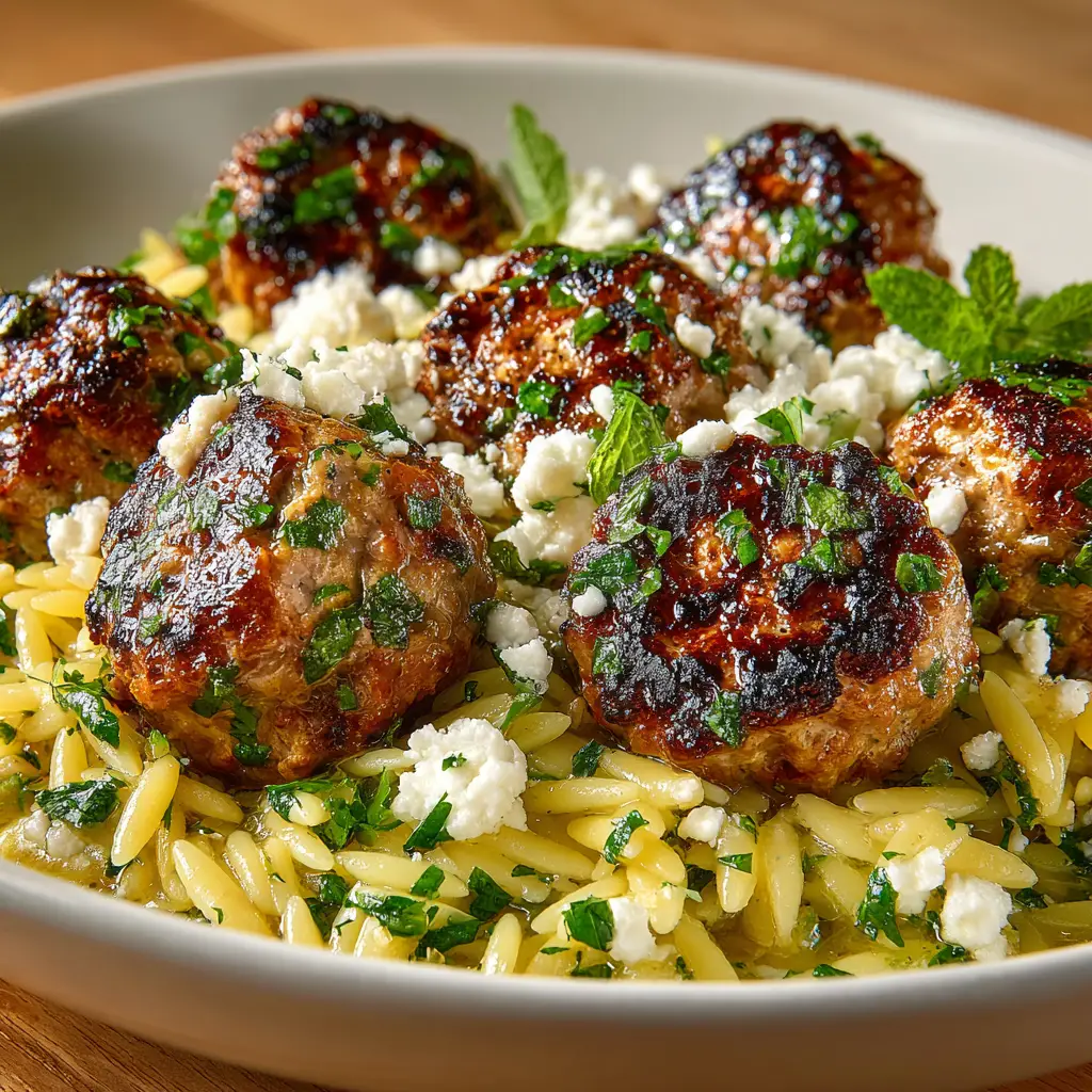 A vibrant dish of Greek meatballs nestled in lemon orzo, garnished with fresh parsley and feta. The focus is on the zesty and fresh components of the meal.