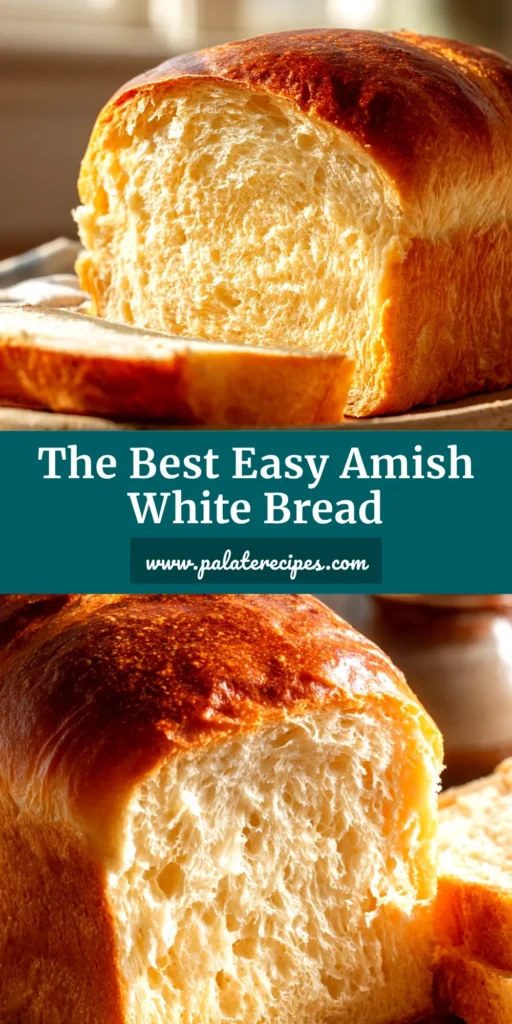 A perfect loaf of golden-brown Amish White Bread on a wooden board, with a few slices cut to show the soft, fluffy interior.