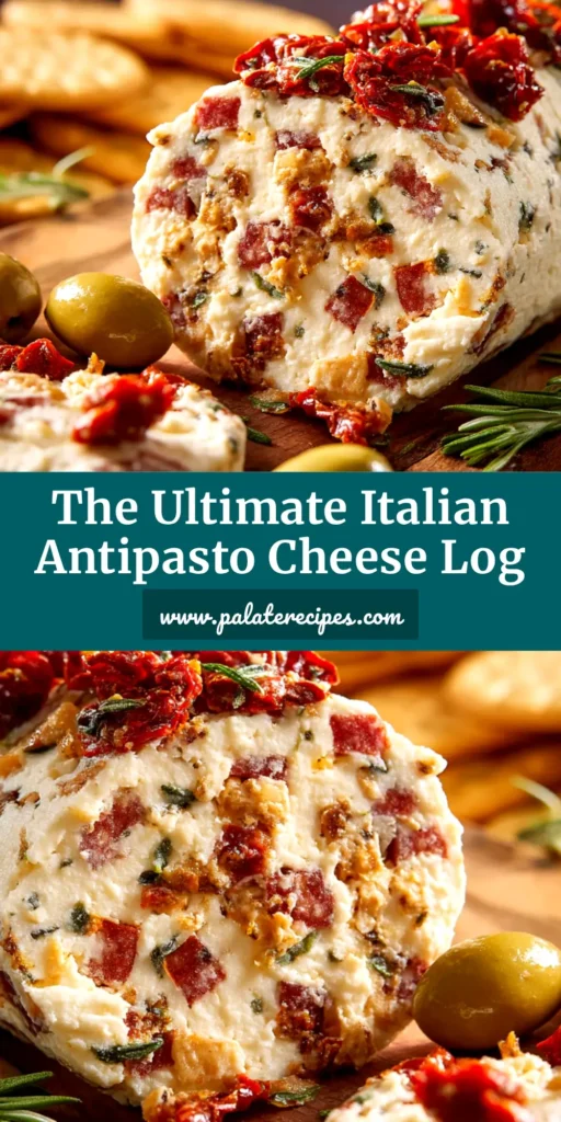 A delicious Antipasto Cheese Log sliced on a wooden board, served with crackers. This easy holiday appetizer recipe is perfect for parties.