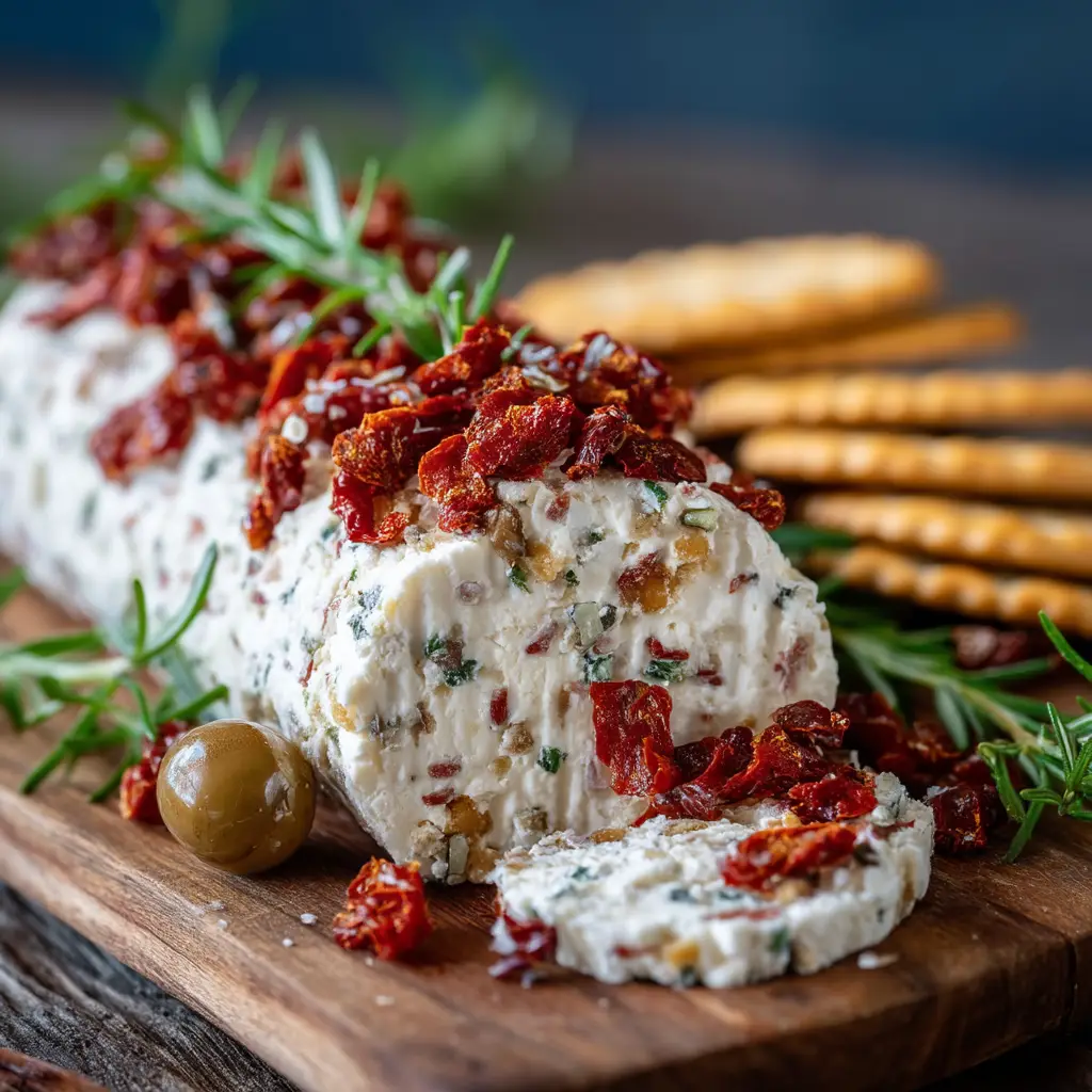 A slice of the antipasto and cream cheese roll on a cracker, showcasing the colorful interior and creamy texture.