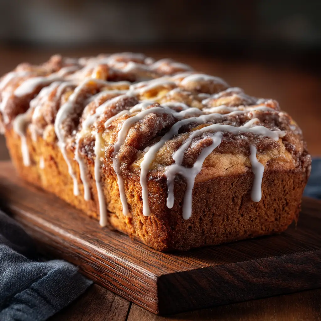 The full loaf of Apple Fritter Bread on a wire rack, with a thick vanilla glaze being drizzled over the top. The image shows the final step of the recipe.
