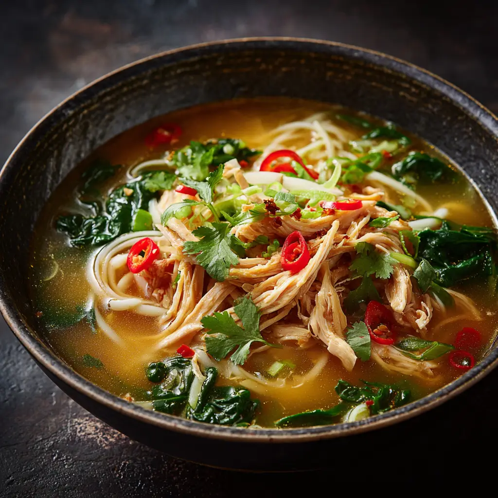 Ginger Garlic Chicken Noodle Soup: The Ultimate Comfort Bowl 2 A side view of the Asian-inspired chicken noodle soup, with steam rising from the bowl and chopsticks resting nearby.