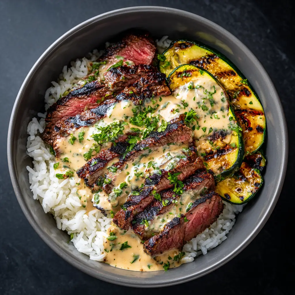 A fully assembled beef bowl with grilled steak, showing all the components ready to be mixed and eaten.
