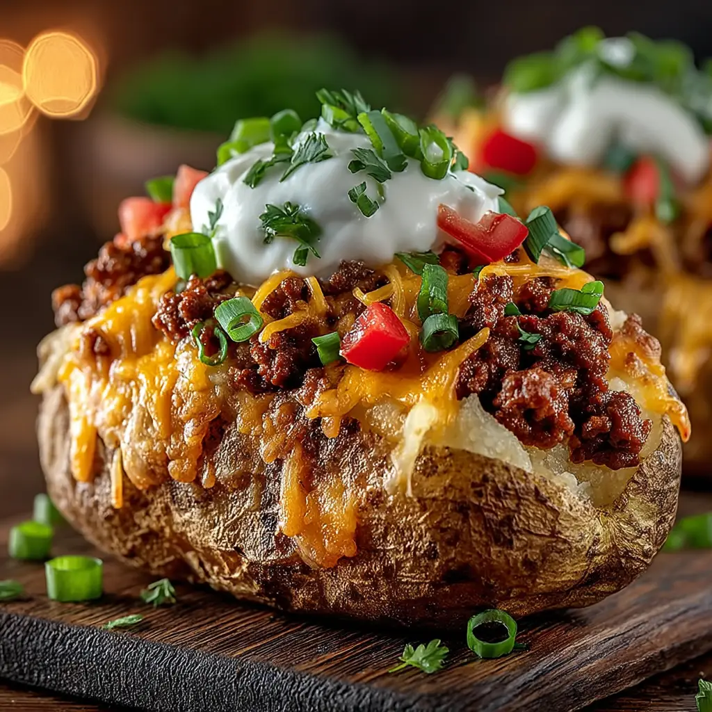 Taco Loaded Baked Potatoes: The Ultimate Comfort Food Mashup 2 A close-up view of a baked potato being sliced open and filled with savory, seasoned ground beef taco meat.