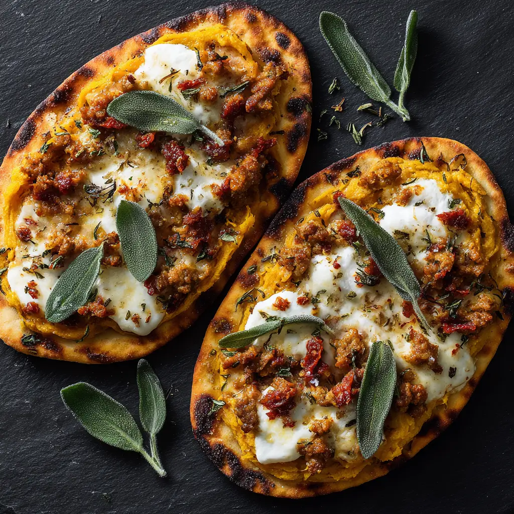 A close-up shot of an autumn flatbread pizza being sliced, showing the crispy crust and layers of toppings.