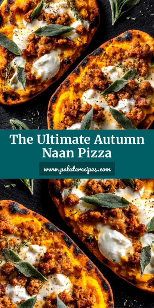 An overhead shot of a delicious Autumn Naan Pizza, topped with prosciutto, goat cheese, and sage on a wooden board. The perfect easy fall recipe.