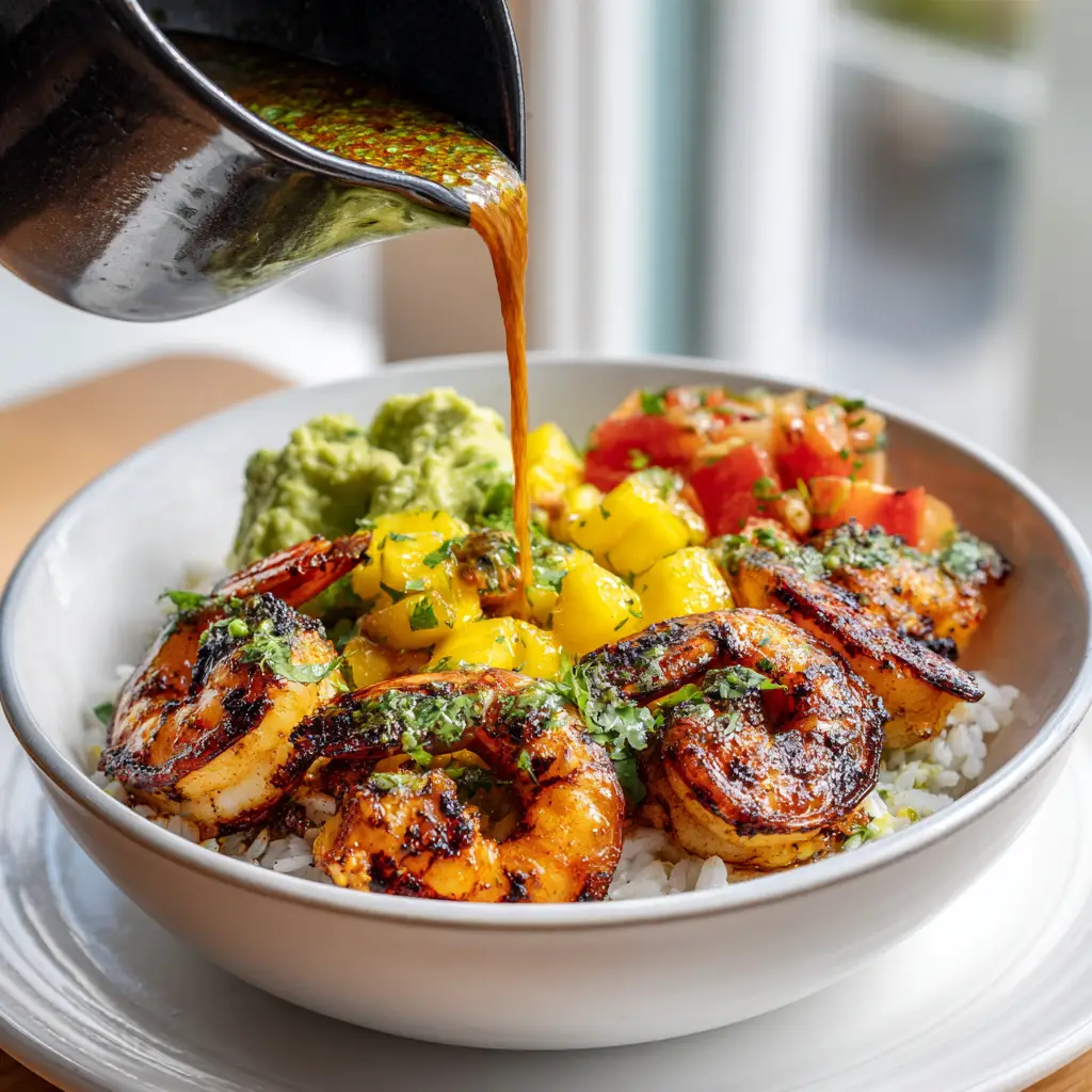 A fully assembled avocado shrimp bowl, showing all the components layered beautifully before being mixed together.