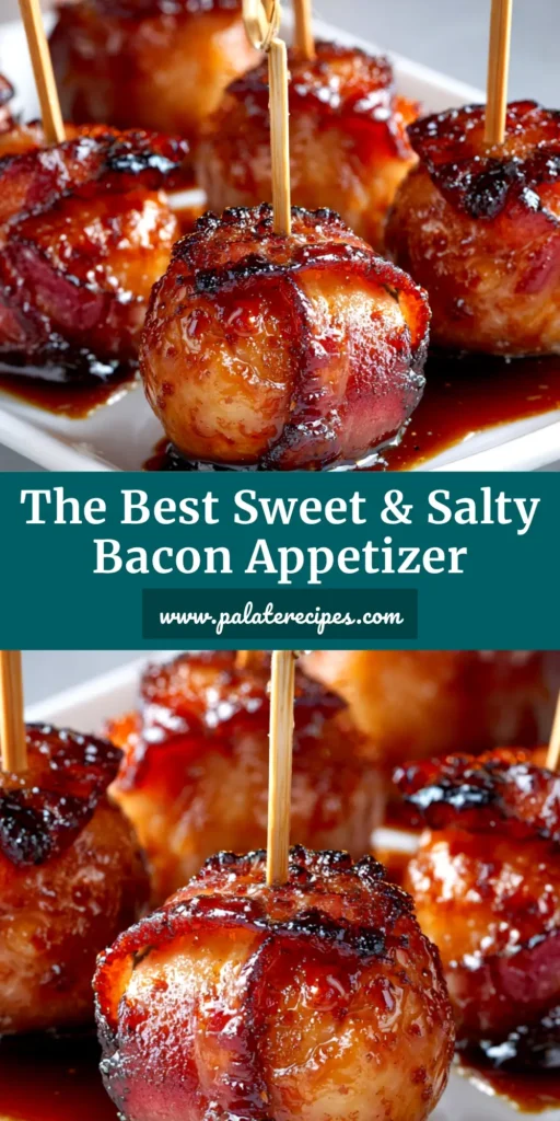 Bacon Wrapped Water Chestnuts with Brown Sugar Glaze 4 A top-down view of crispy bacon wrapped water chestnuts on a white serving platter, glistening with a brown sugar glaze.