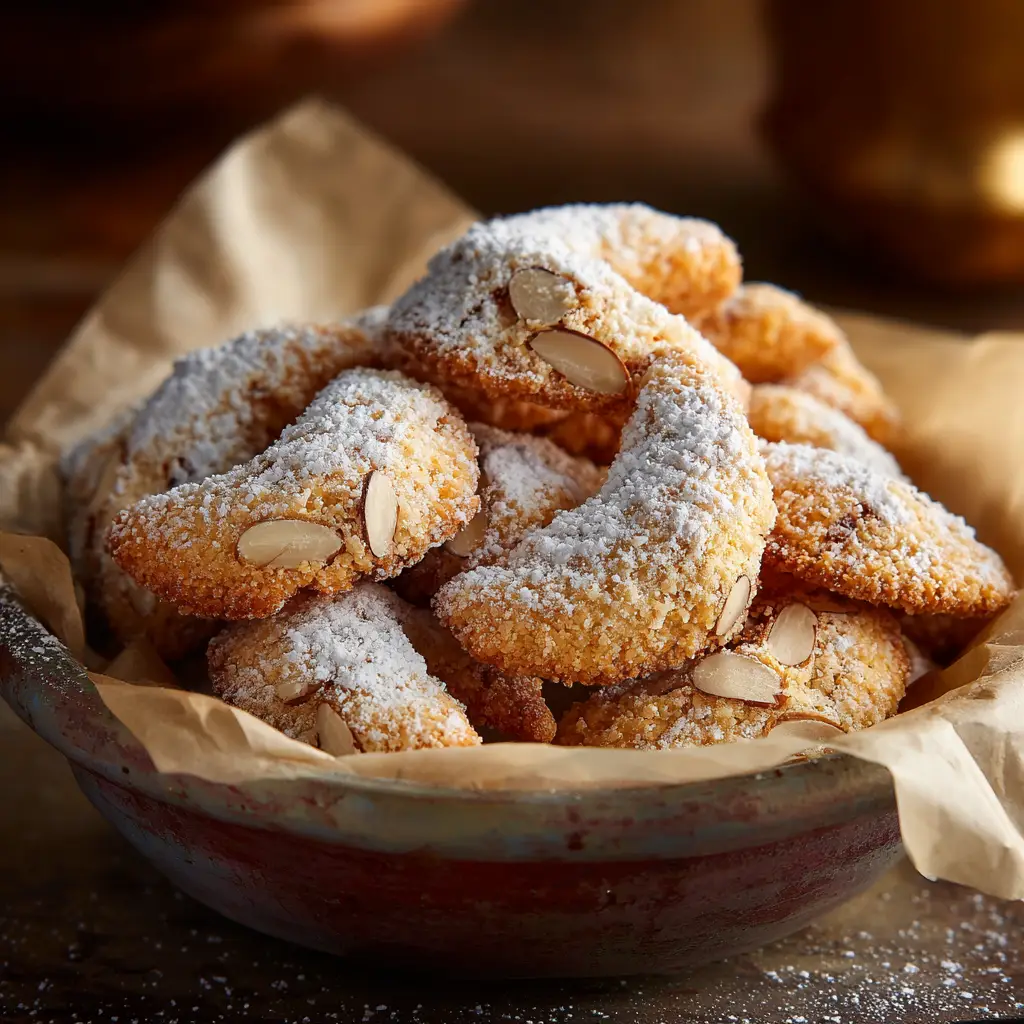 Almond Crescent Cookies (Classic Vanillekipferl Recipe) 3 A baking sheet full of freshly baked, golden brown almond crescent cookies before being dusted with powdered sugar.