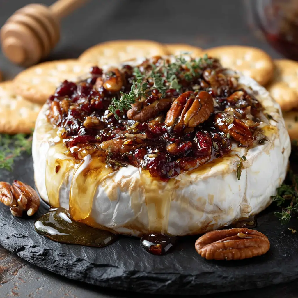 A wheel of baked brie wrapped in puff pastry being cut into, with warm fig jam and melted cheese oozing out onto a serving platter.