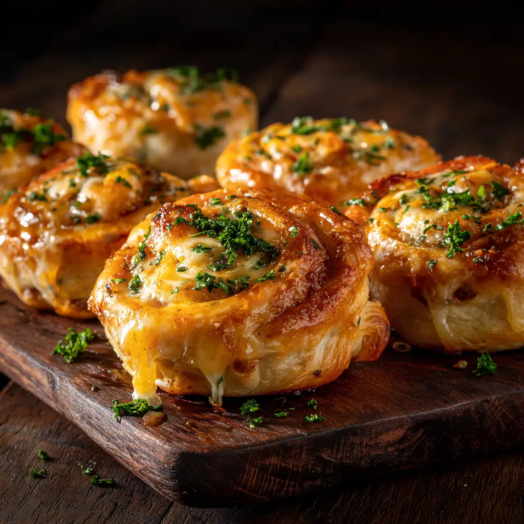 A baking sheet full of freshly baked Cheeseburger Rollups, golden brown and sprinkled with sesame seeds, showcasing the finished ground beef appetizer.