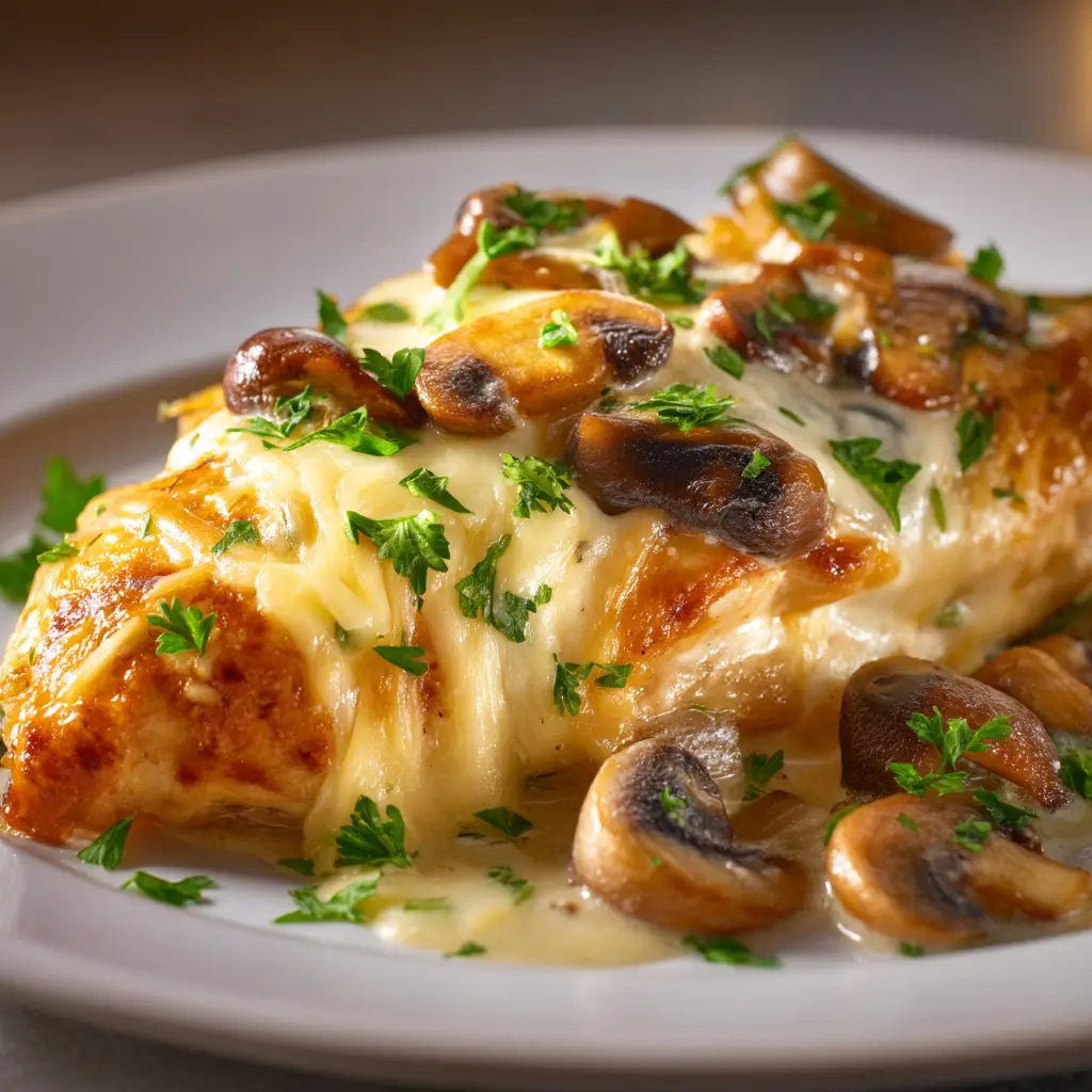 Gouda & Mushroom Stuffed Chicken (The Ultimate Cheesy Dinner) 3 Two golden-brown baked stuffed chicken breasts resting in a cast-iron skillet, ready to be served.
