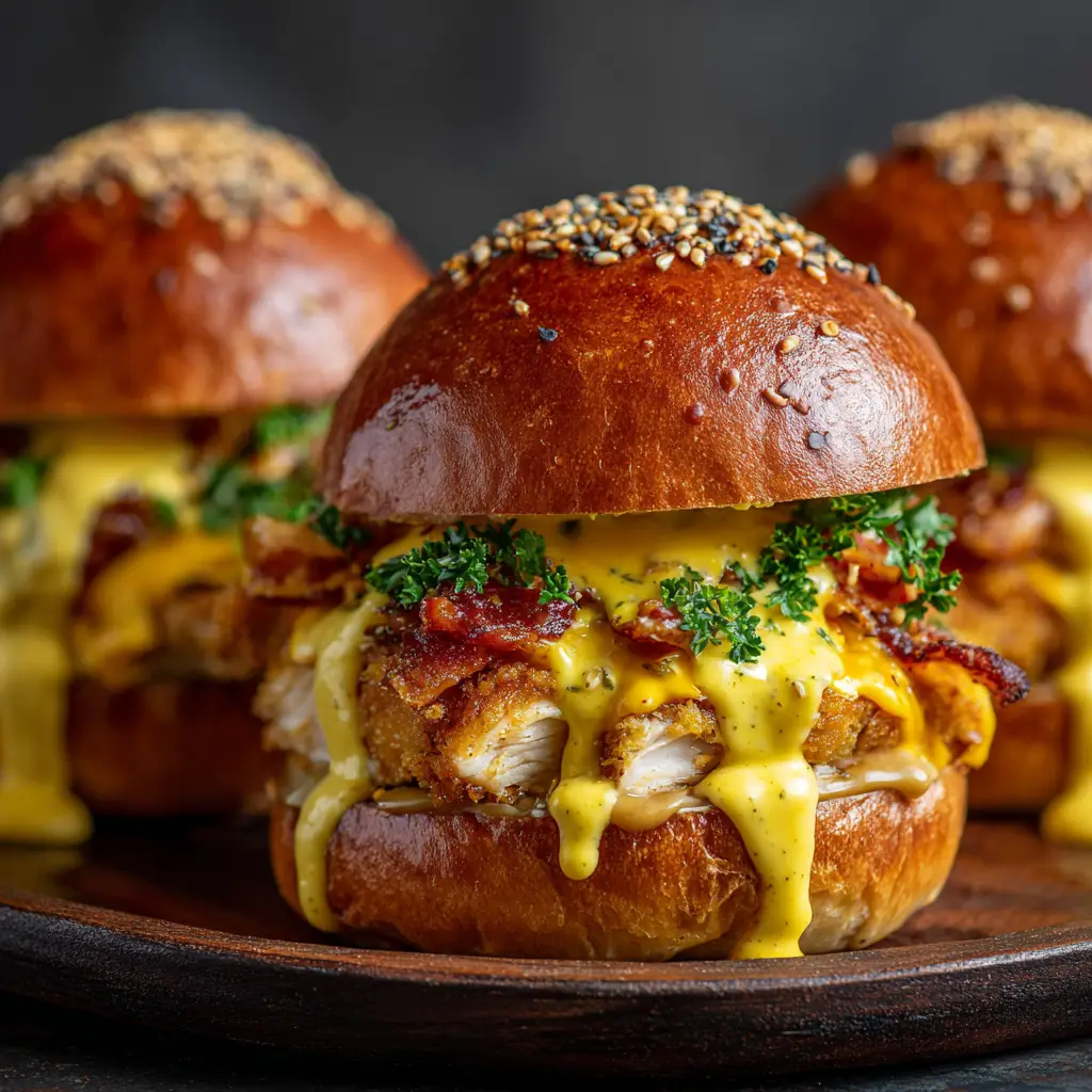 A baking dish full of Honey Mustard BLT Chicken Sliders fresh out of the oven, with golden garlic butter tops.