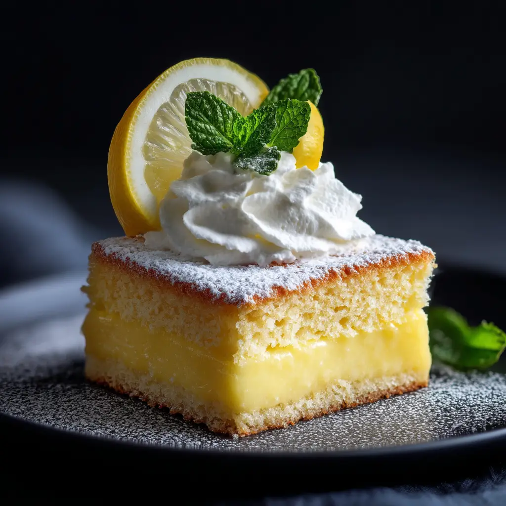 Lemon Custard Cake: The Magical, Self-Layering Dessert 2 The full 8x8 pan of freshly baked Lemon Custard Cake, golden brown on top and ready to be cooled and served.