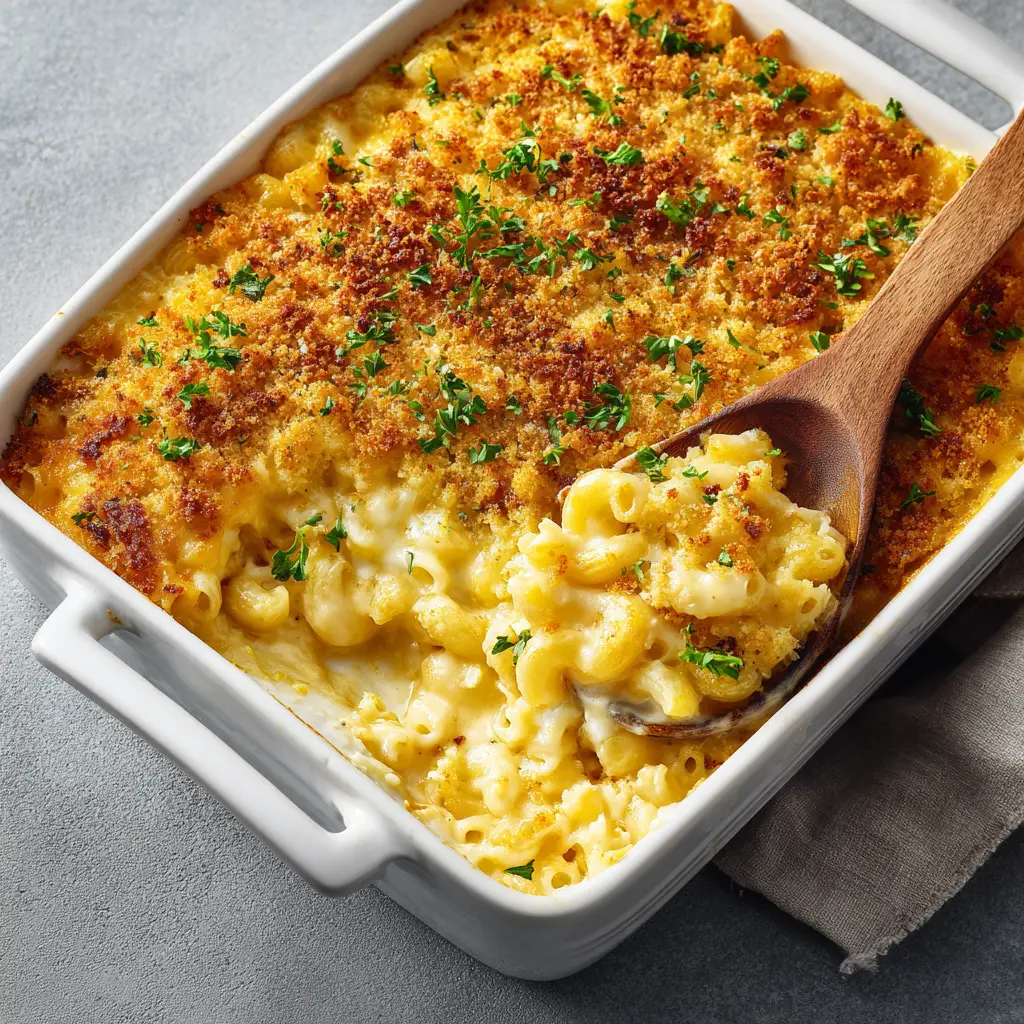 The finished baked mac and cheese casserole, fresh out of the oven with a bubbly cheese sauce and crispy topping.