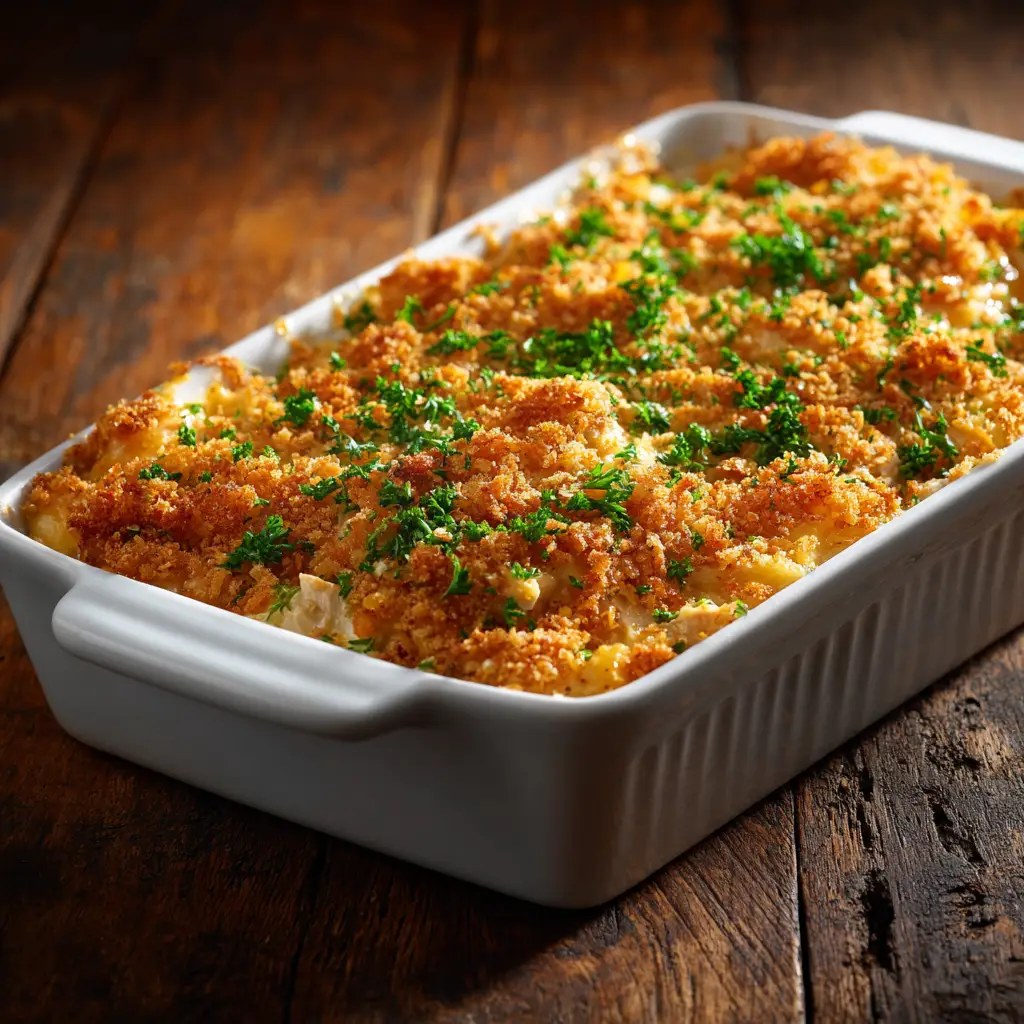 A freshly baked Ritz cracker chicken casserole with a perfectly golden brown and crispy topping, garnished with fresh parsley.
