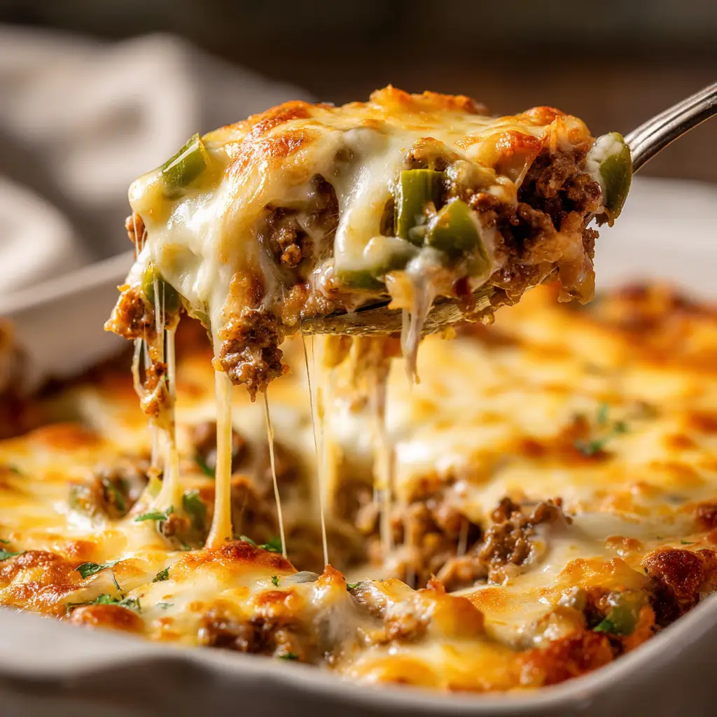 The low-carb Philly cheesesteak bake fresh out of the oven, with bubbly provolone cheese on top.