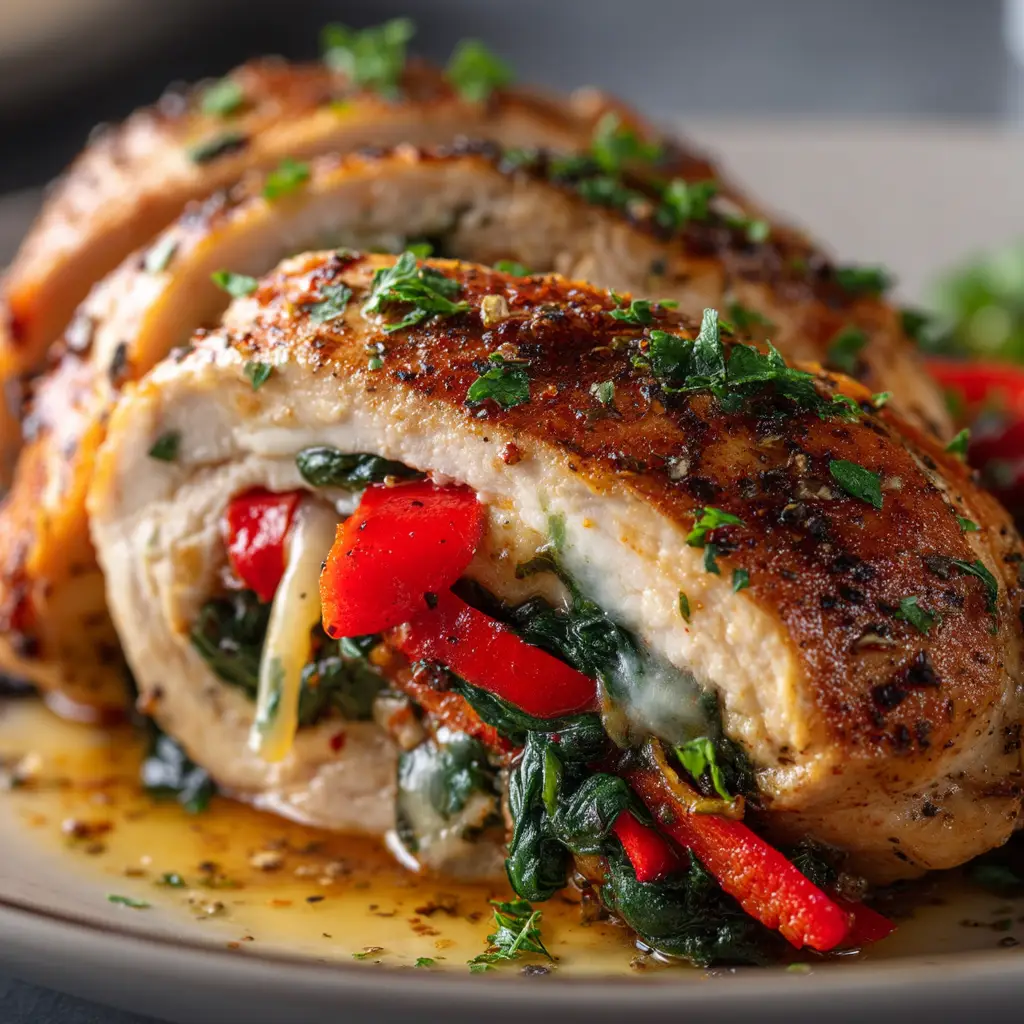 Roasted Red Pepper Stuffed Chicken (Juicy & Easy!) 2 A sliced portion of baked stuffed chicken breast, revealing a vibrant red and white filling, served elegantly on a plate.