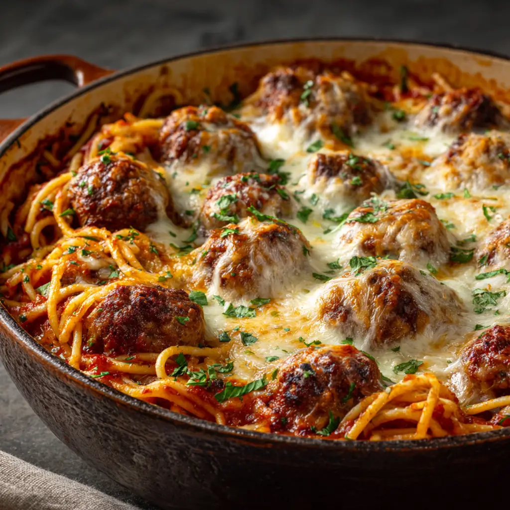 The ingredients for baked spaghetti meatballs arranged on a rustic wooden surface, including uncooked spaghetti, marinara sauce, cheeses, and meatballs.
