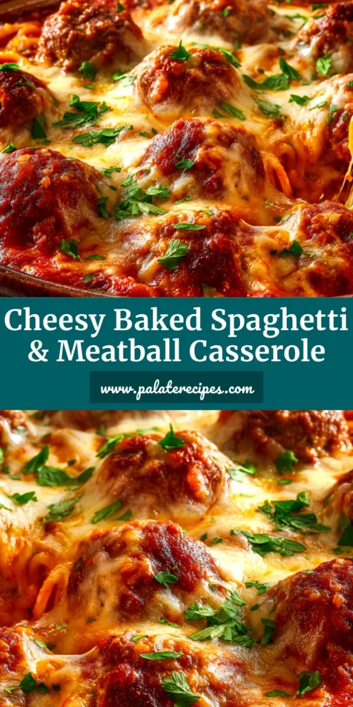 An overhead shot of a cheesy baked spaghetti meatballs casserole in a white baking dish, ready to be served. The perfect comfort food for a family dinner.