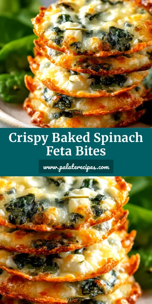 Baked Spinach Feta Crisps (The Ultimate Crispy Snack) 5 A shareable pin image for Baked Spinach Feta Crisps, showing a stack of crispy, golden-brown rounds on a plate, ready to be eaten as a healthy snack.