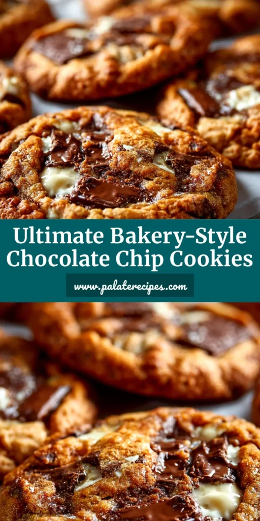Bakery-Style Chocolate Chip Cookies (The Ultimate Recipe) 5 A stack of thick, gooey bakery-style chocolate chip cookies, with one broken in half to show the melted chocolate pools inside.