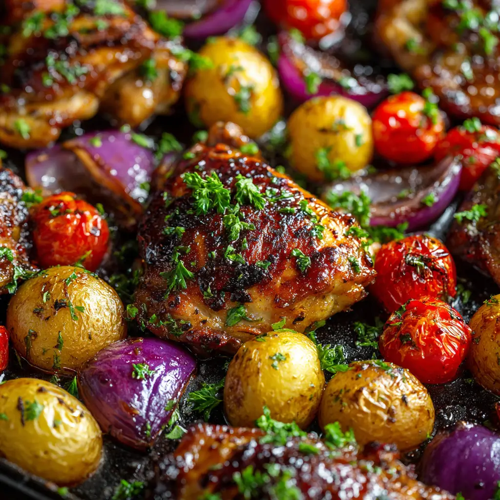 Sheet Pan Balsamic Chicken: The Easiest Weeknight Dinner 3 A close-up view of juicy balsamic chicken bake, showing the caramelized glaze on a piece of chicken next to a roasted red pepper.