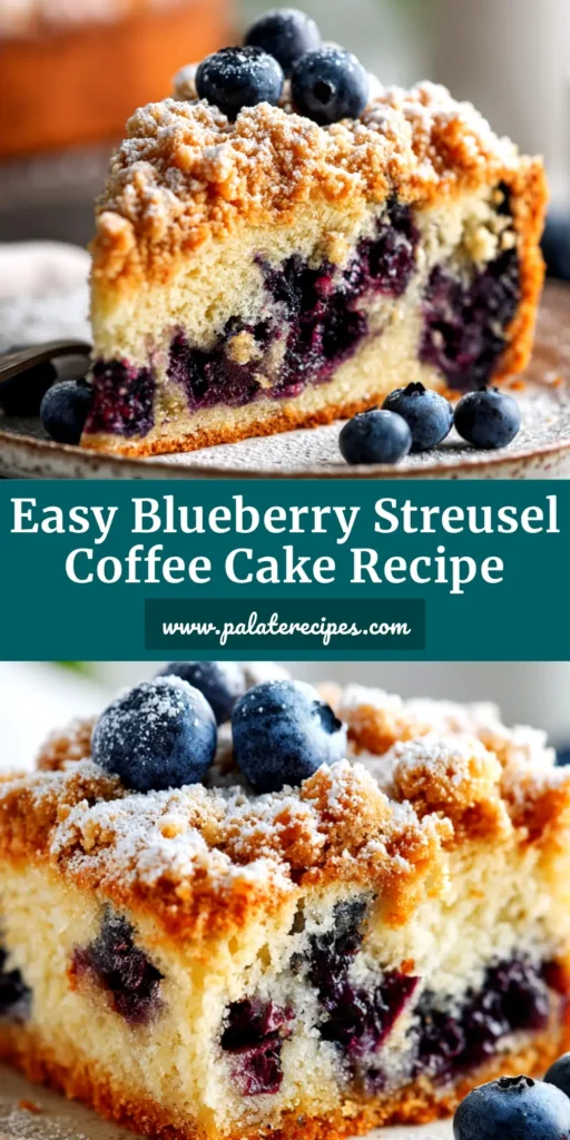 A slice of moist blueberry coffee cake on a plate with a thick crumble topping. The perfect easy coffee cake recipe for breakfast or dessert.