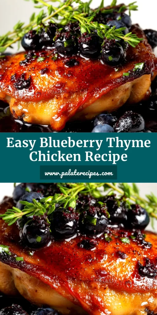Blueberry Thyme Chicken: A Savory & Sweet Delight 4 A skillet of delicious Blueberry Thyme Chicken, showing crispy, golden-brown chicken thighs nestled in a vibrant, savory blueberry sauce with fresh thyme sprigs.