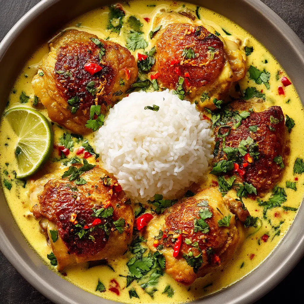 A serving of Brazilian Coconut Chicken over a bed of fluffy white rice, garnished with fresh cilantro and a lime wedge on the side.
