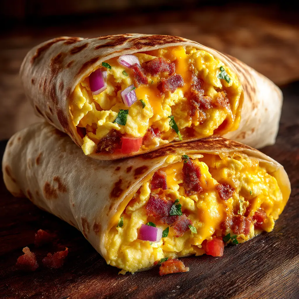 Breakfast Burrito Recipe (The Only One You'll Ever Need) 2 A breakfast burrito cut in half, showing the delicious layers of egg, cheese, sausage, and potatoes inside a soft flour tortilla.