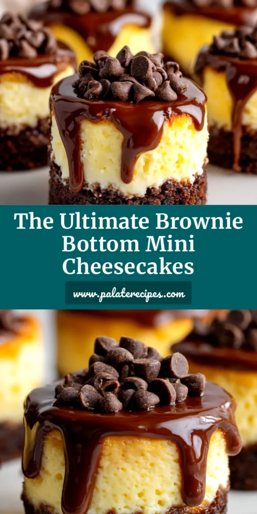 A close-up of several brownie bottom mini cheesecakes on a platter, showcasing the rich brownie base and creamy cheesecake topping. The perfect party dessert recipe.