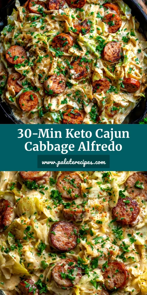 Cajun Sausage Cabbage Alfredo: Your New Favorite Low-Carb Dinner 4 A skillet of creamy Cajun Sausage Cabbage Alfredo, a one-pan keto dinner recipe perfect for a quick weeknight meal.