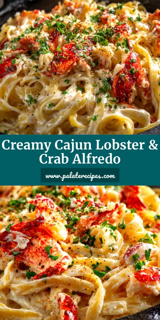 A top-down view of a white bowl filled with creamy Cajun Seafood Alfredo, topped with shrimp, scallops, and fresh parsley.