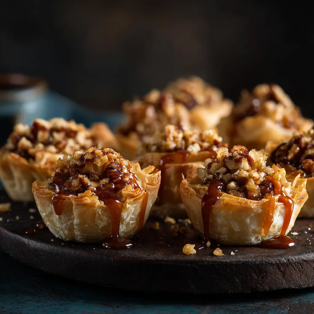 An overhead view of pecan caramel phyllo cups arranged artfully on a dark surface, emphasizing the caramel topping.