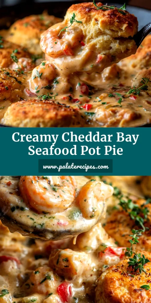 An overhead shot of a freshly baked Cheddar Bay Biscuit Seafood Pot Pie in a baking dish, with golden cheesy biscuits on top of a creamy seafood filling.