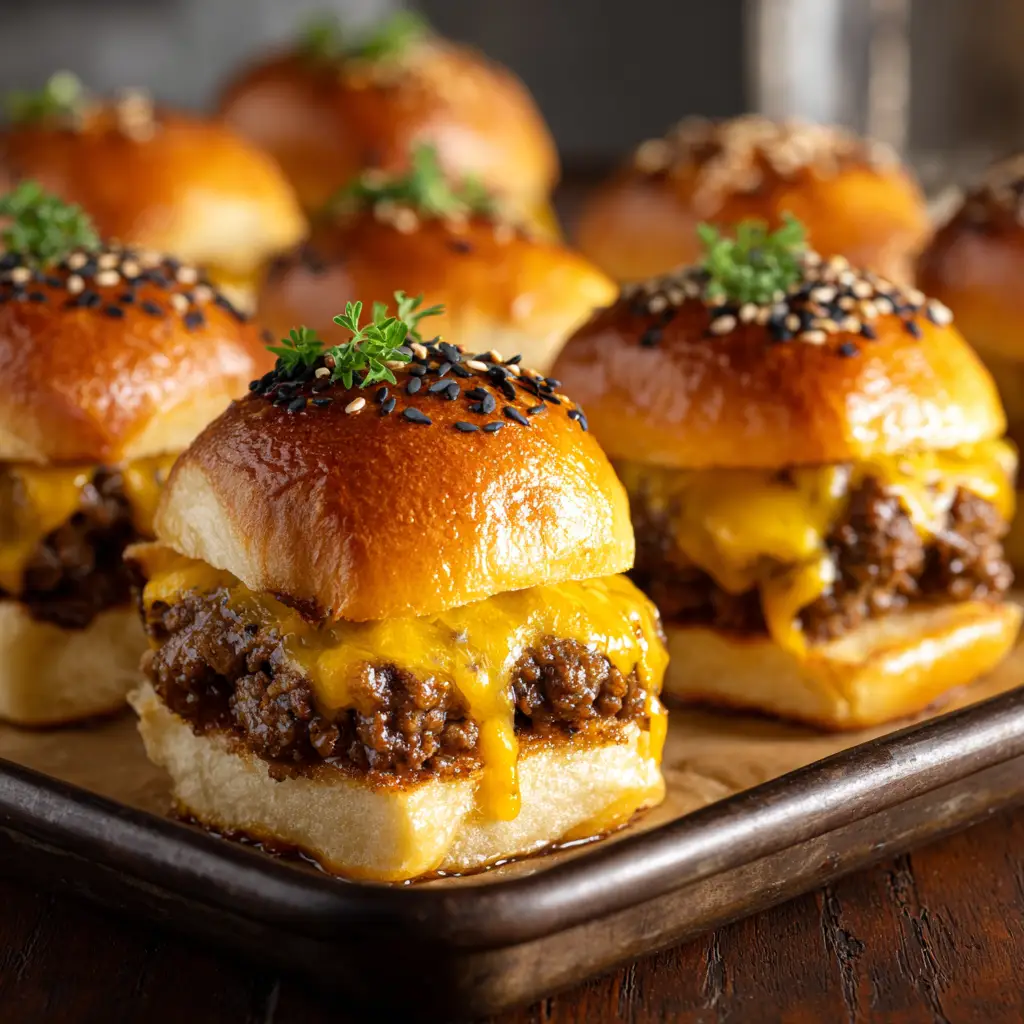 A close-up shot of a single Hawaiian Roll Cheeseburger Slider on a plate, highlighting the layers of seasoned ground beef and melted cheddar cheese.