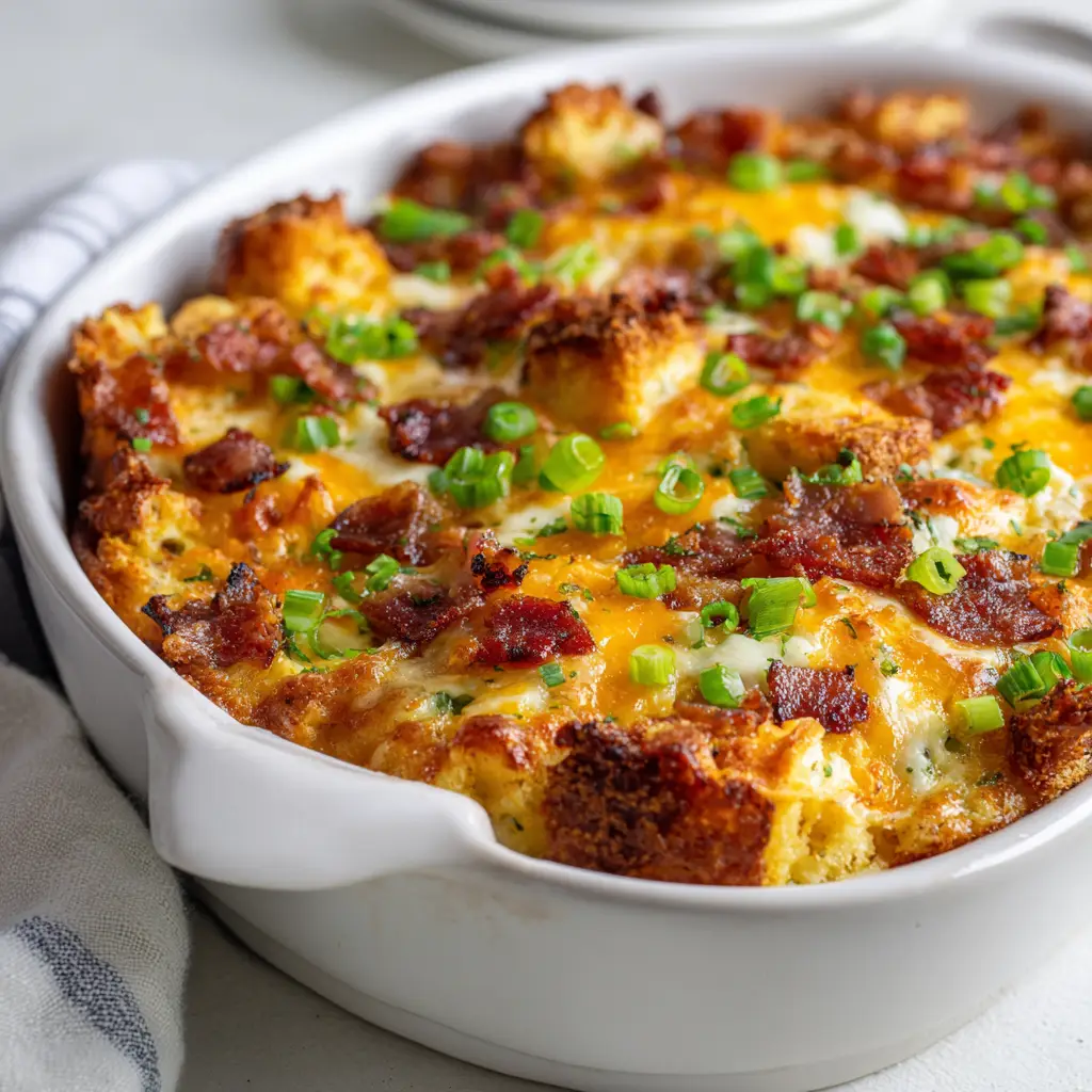 A hearty breakfast casserole being scooped from a baking dish, showcasing the cheesy, golden-brown crust. This is the best overnight egg bake recipe.