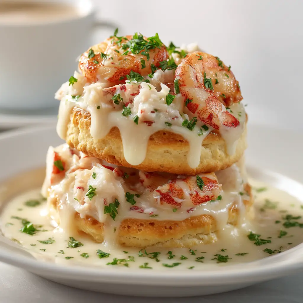 Shrimp Crab Biscuit Melts: The Ultimate Cheesy Seafood Indulgence 3 A close-up shot of two Shrimp Crab Biscuit Melts on a plate, highlighting the creamy seafood filling and perfectly melted cheddar cheese on top of a fluffy biscuit.