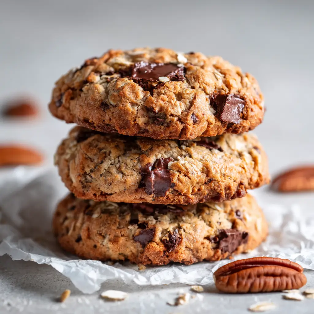 Gluten-Free Oatmeal Cookies: The Ultimate Chewy & Easy Recipe 3 A rustic stack of three thick and chewy gluten-free oatmeal cookies, highlighting their golden-brown edges.