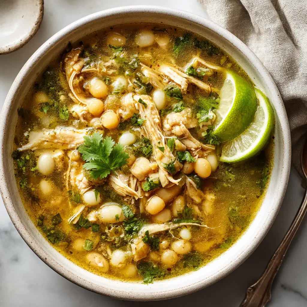 Slow Cooker Chicken Posole Verde: The Easiest, Most Flavorful Recipe 2 A bowl of chicken and hominy soup topped with fresh avocado, cilantro, and radishes, illustrating the best way to serve posole verde.