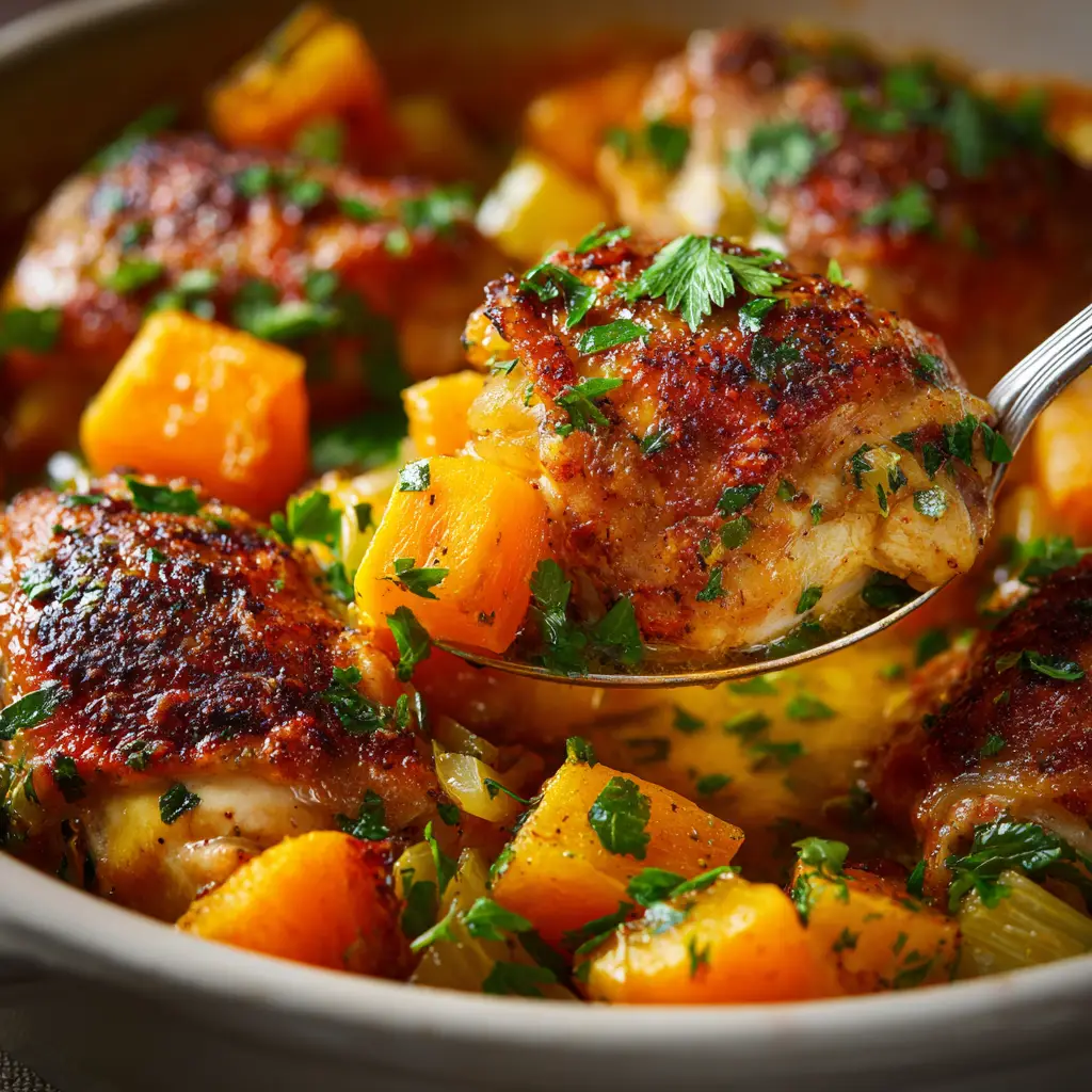 A plate serving of the chicken and butternut squash recipe, showing juicy sliced chicken alongside tender squash, ready to eat.