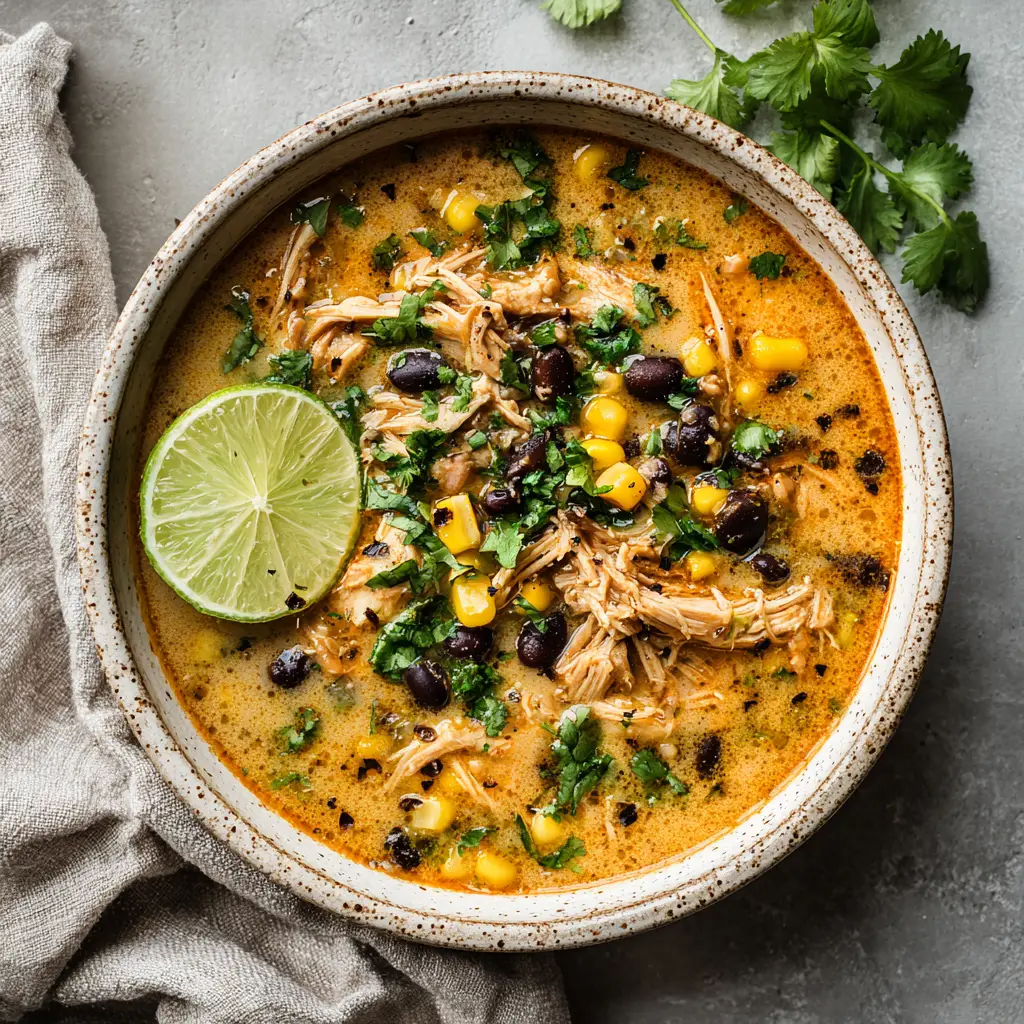 A close-up shot of a spoonful of Chicken Poblano Soup, highlighting its creamy consistency and delicious ingredients.