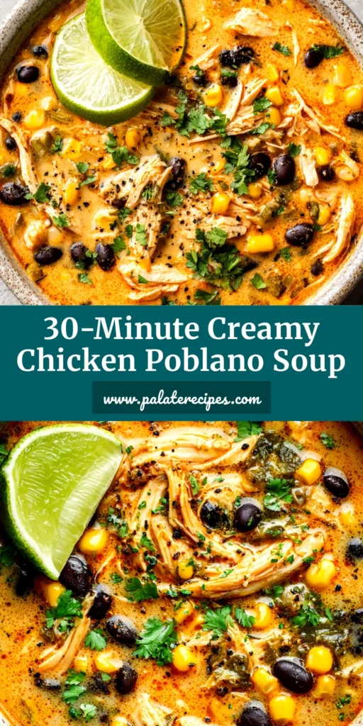 A vibrant bowl of creamy Chicken Poblano Soup, garnished with fresh cilantro, cotija cheese, and tortilla strips, with a lime wedge on the side.